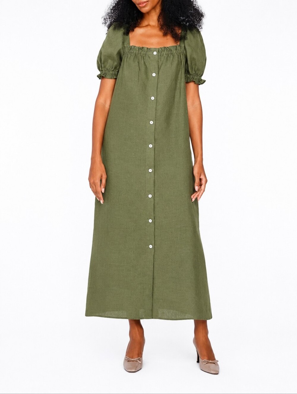 SLEEPER | Brigitte Button Down Olive Green Midi Dress in Size Medium